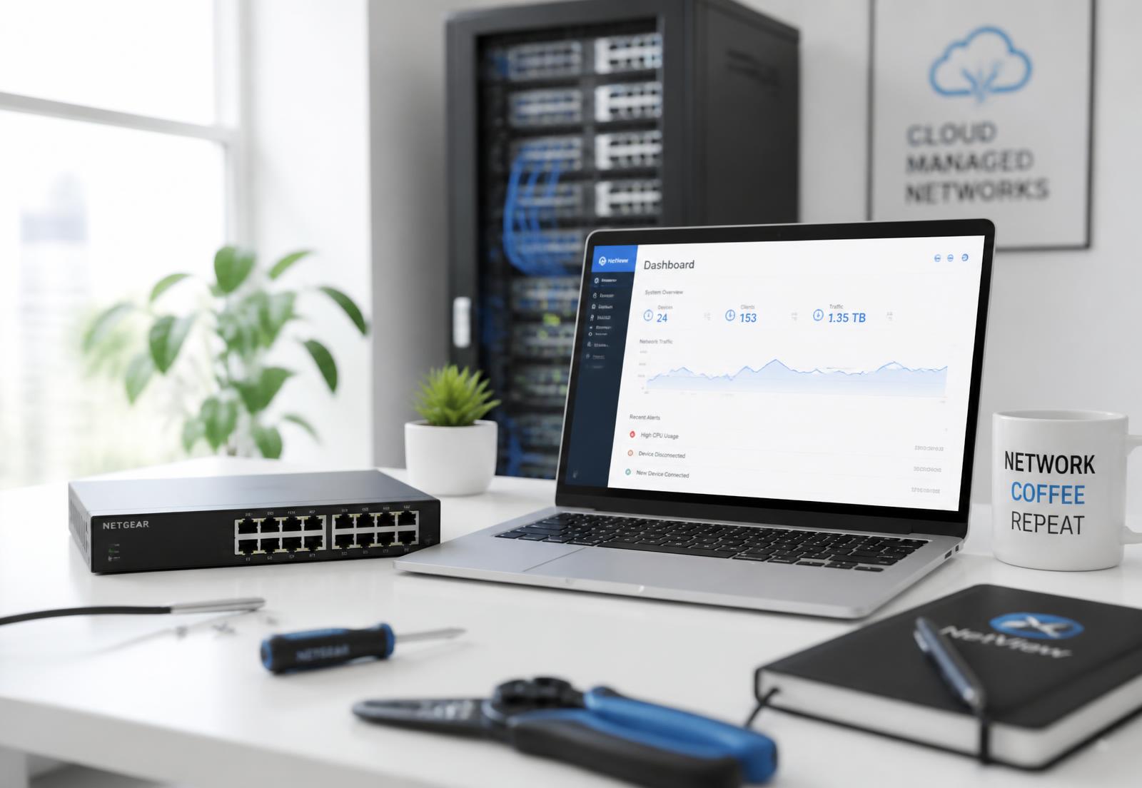 Technician workspace with a laptop dashboard, network switch and hand tools